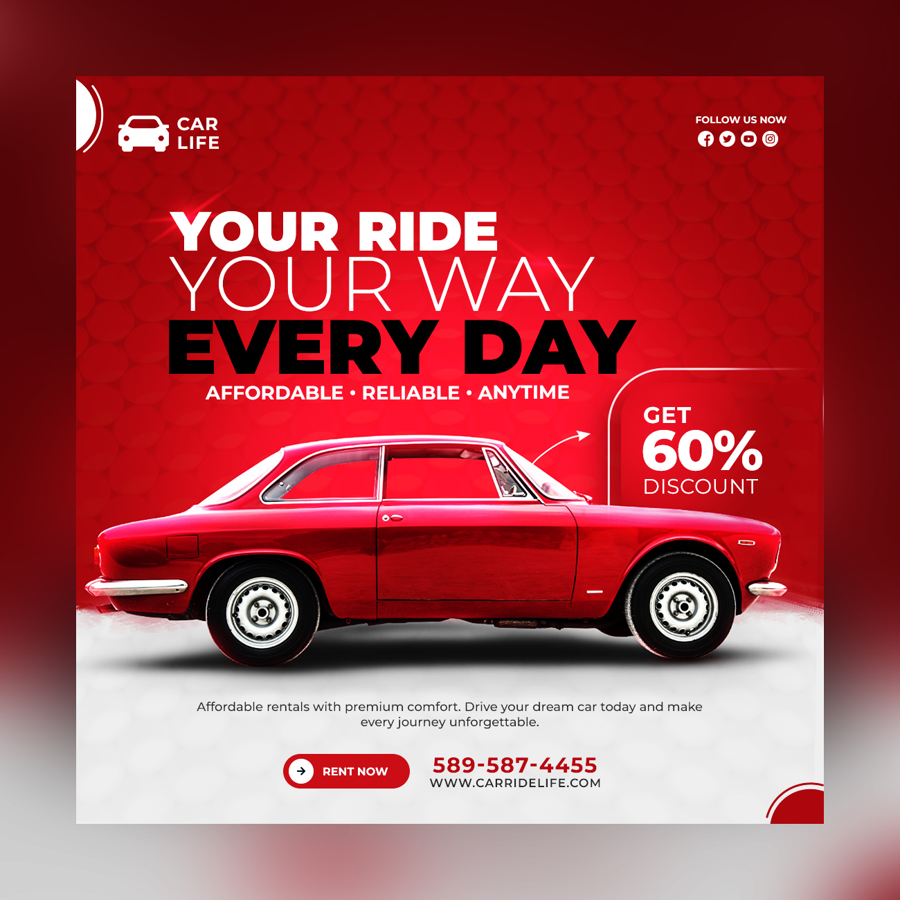 Car Rental Flyer Design, Vehicle Hire, Auto Service, Luxury Car Promotion, Discount Poster