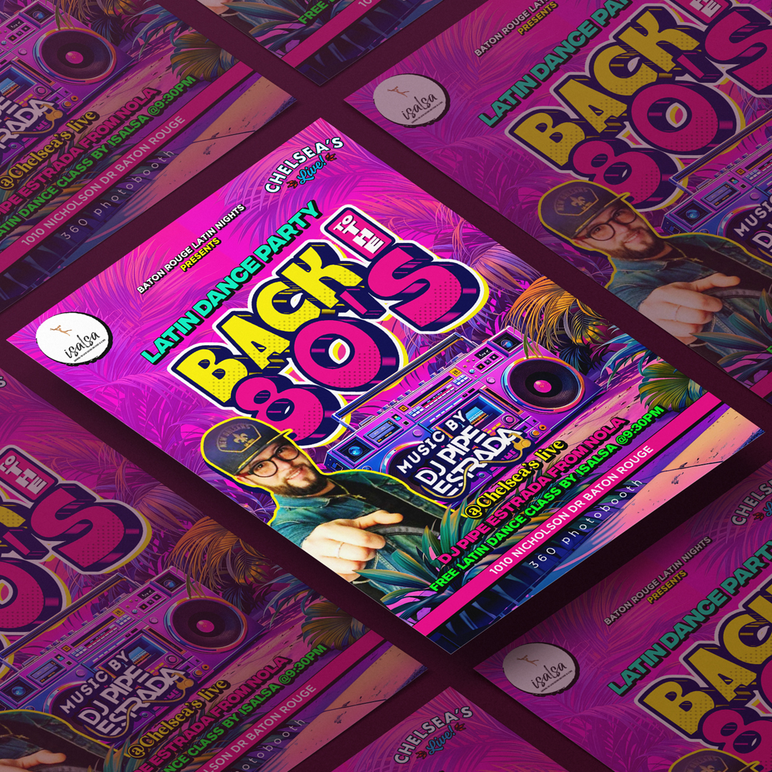 Latin Dance Party Flyer Design, Retro 80’s Theme, Club Event, DJ Night, Neon Party Poster